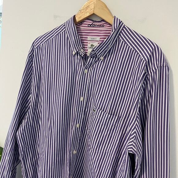 Lacoste Men's Purple & White Stripe Button Up Top Size 45 - Picture 2 of 8